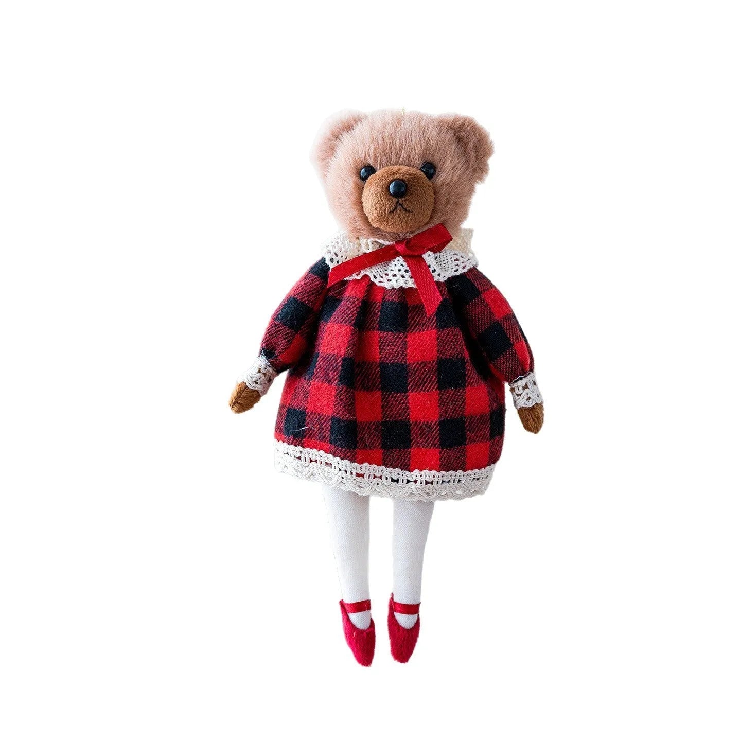 Cartoon plush bear doll wearing a cotton suit with a plaid print, in two colour options.