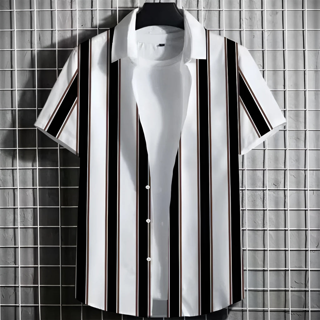 Man wearing a linen short-sleeve t-shirt with a raised 3D striped print on the chest.