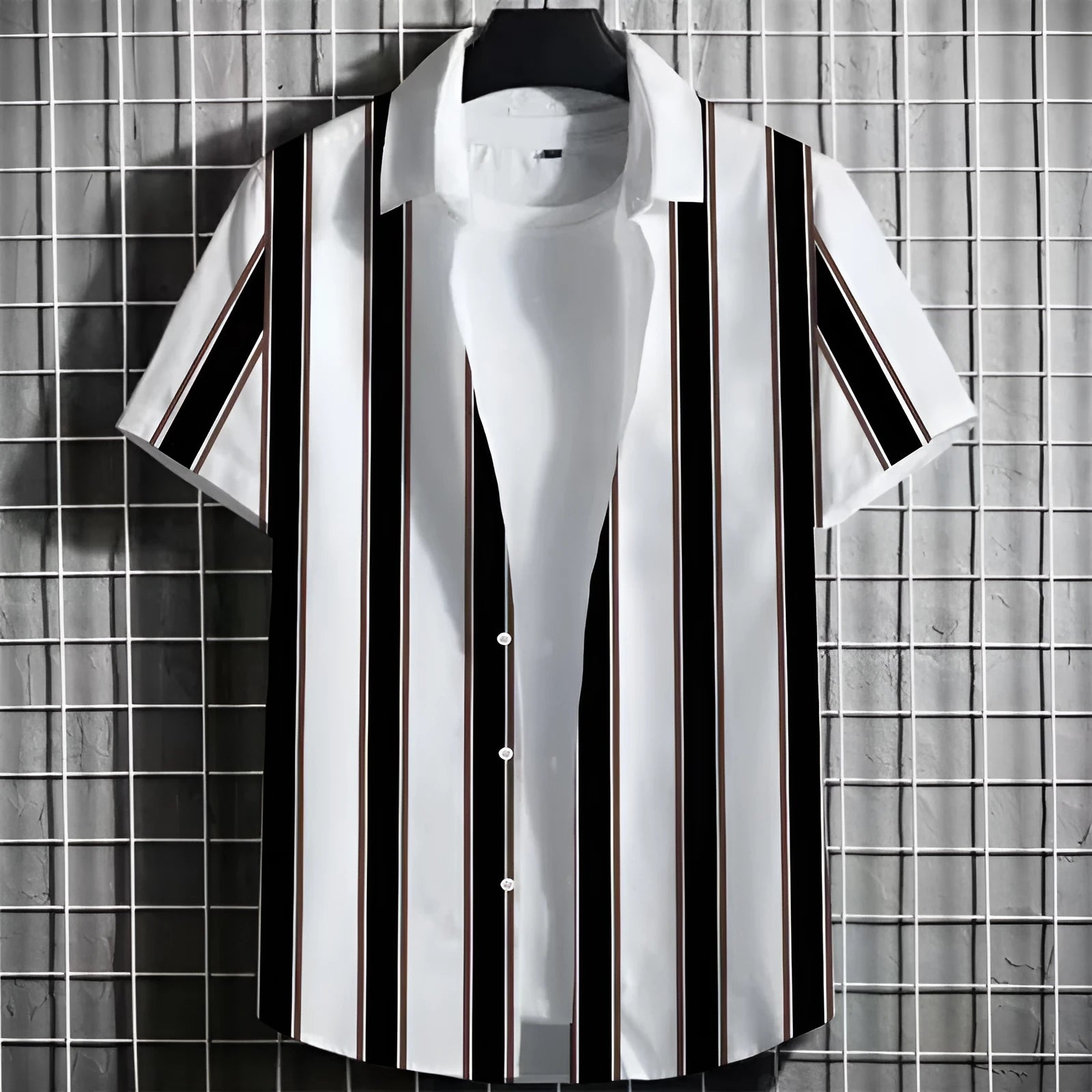 Man wearing a linen short-sleeve t-shirt with a raised 3D striped print on the chest.
