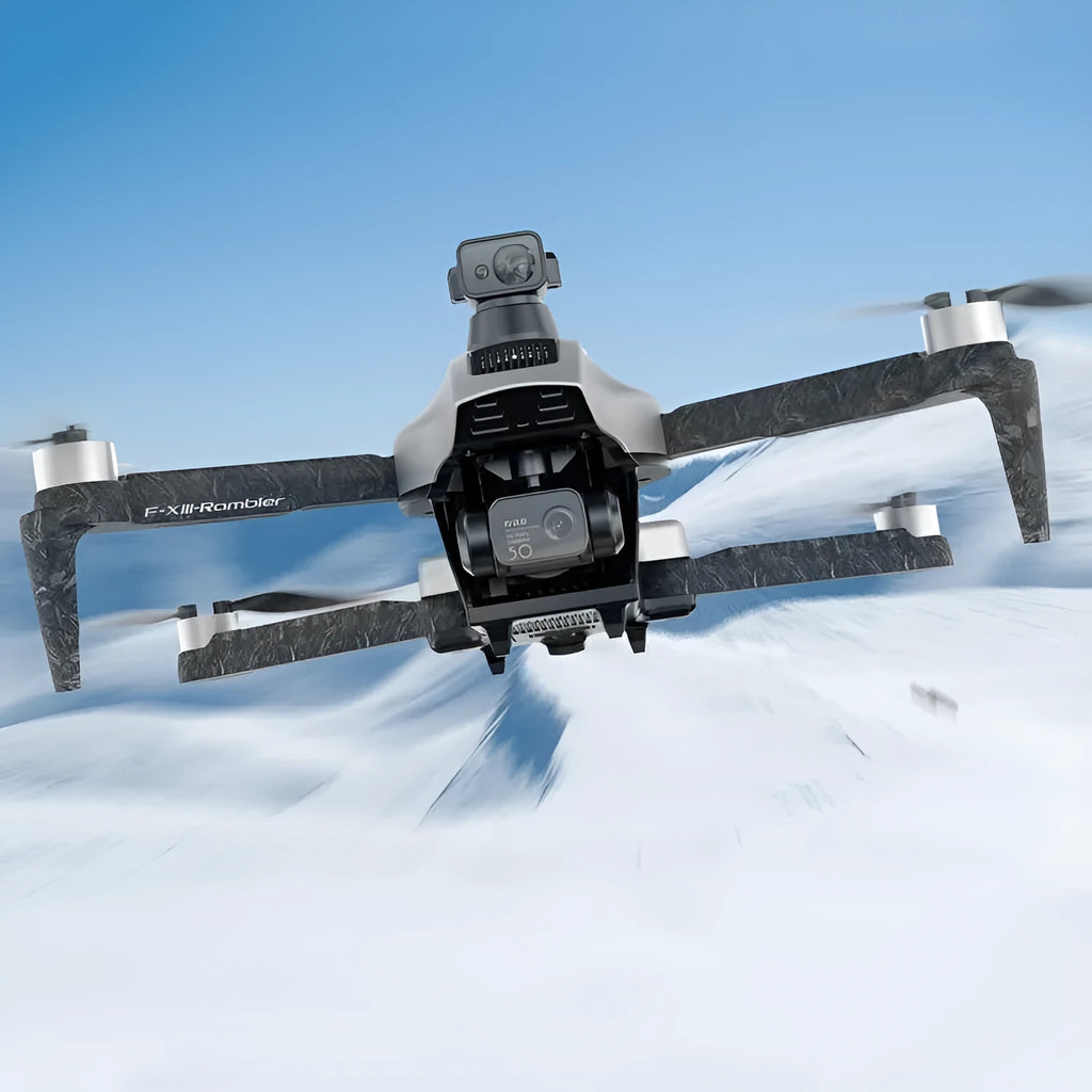 White folding quadcopter drone with 4K camera and obstacle avoidance sensors on a 30-50cm frame.