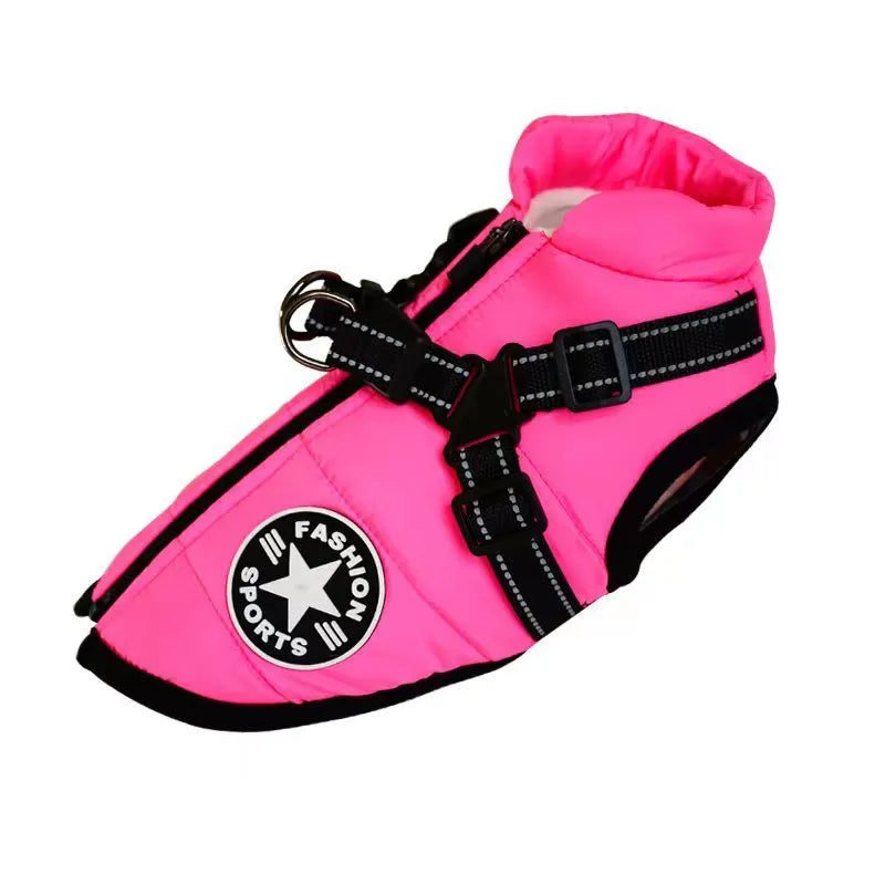 Waterproof dog coat with harness opening in red colour on large breed dog