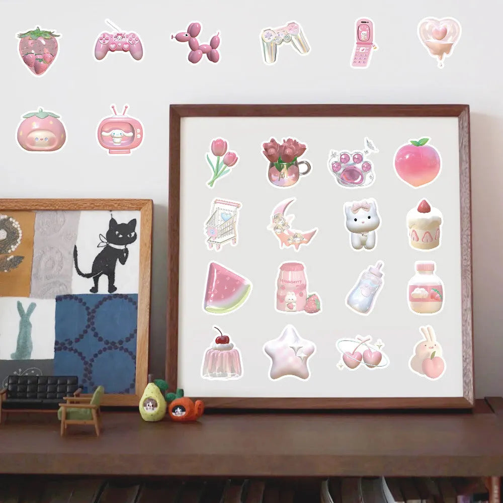 Two types of pink girl heart decorative stickers with realistic 3D appearance, 63 pieces per design