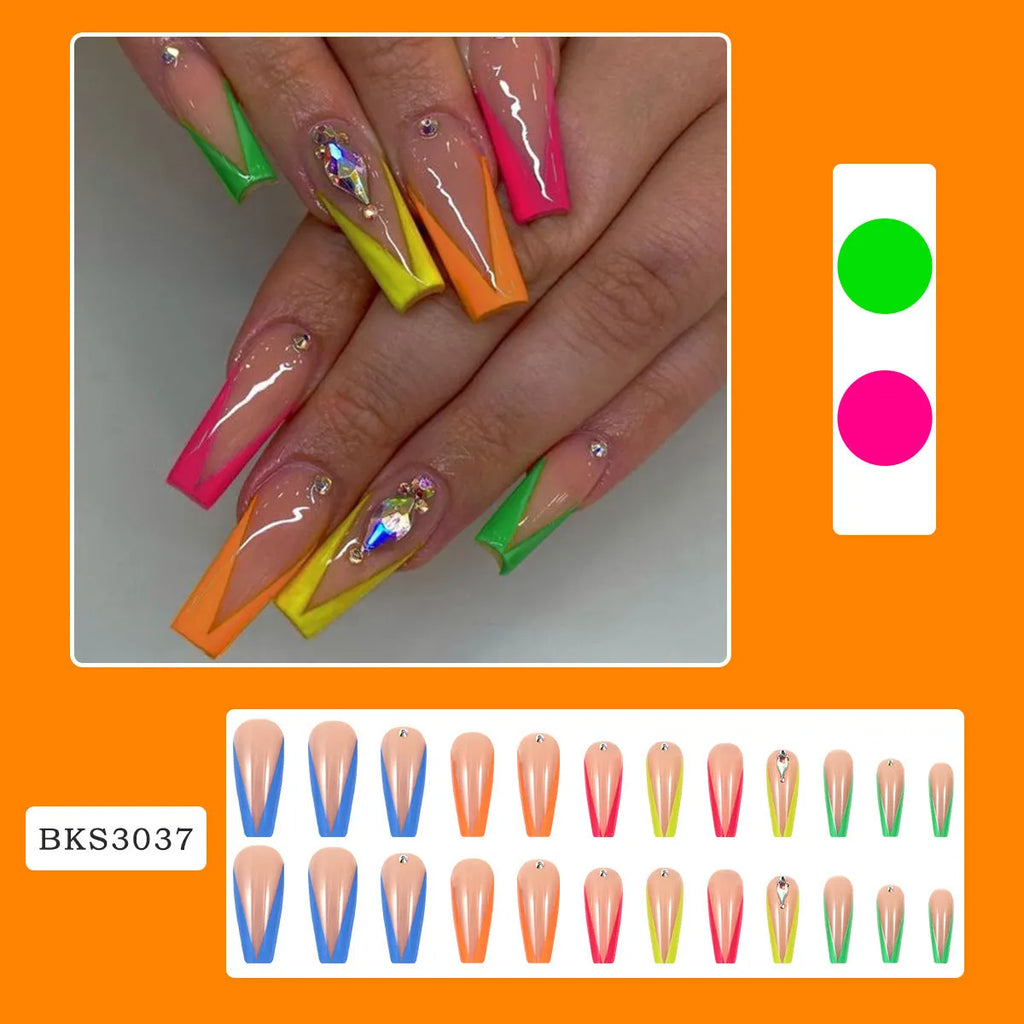Detachable nail tips with diamond colour French finish and cartoon love heart patterns.