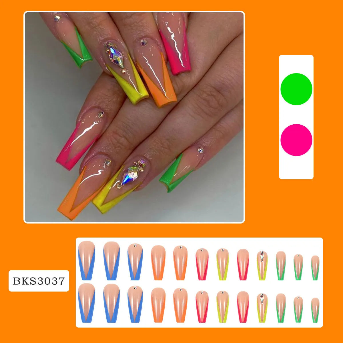 Detachable nail tips with diamond colour French finish and cartoon love heart patterns.