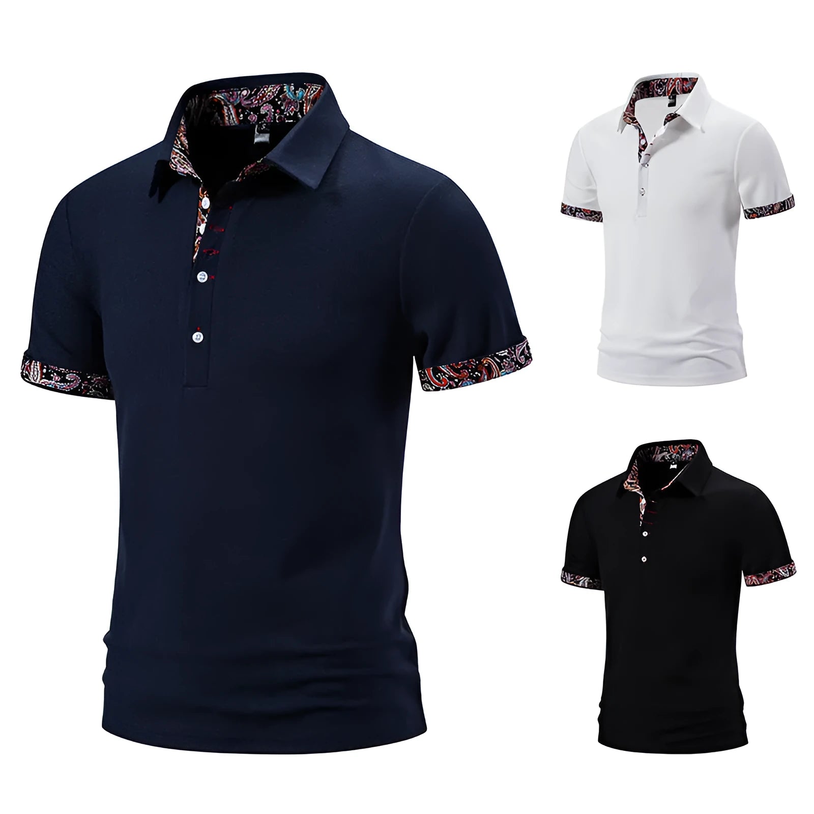 Men's cotton blend polo shirt with colour stitching on turnover collar in white, black or navy blue