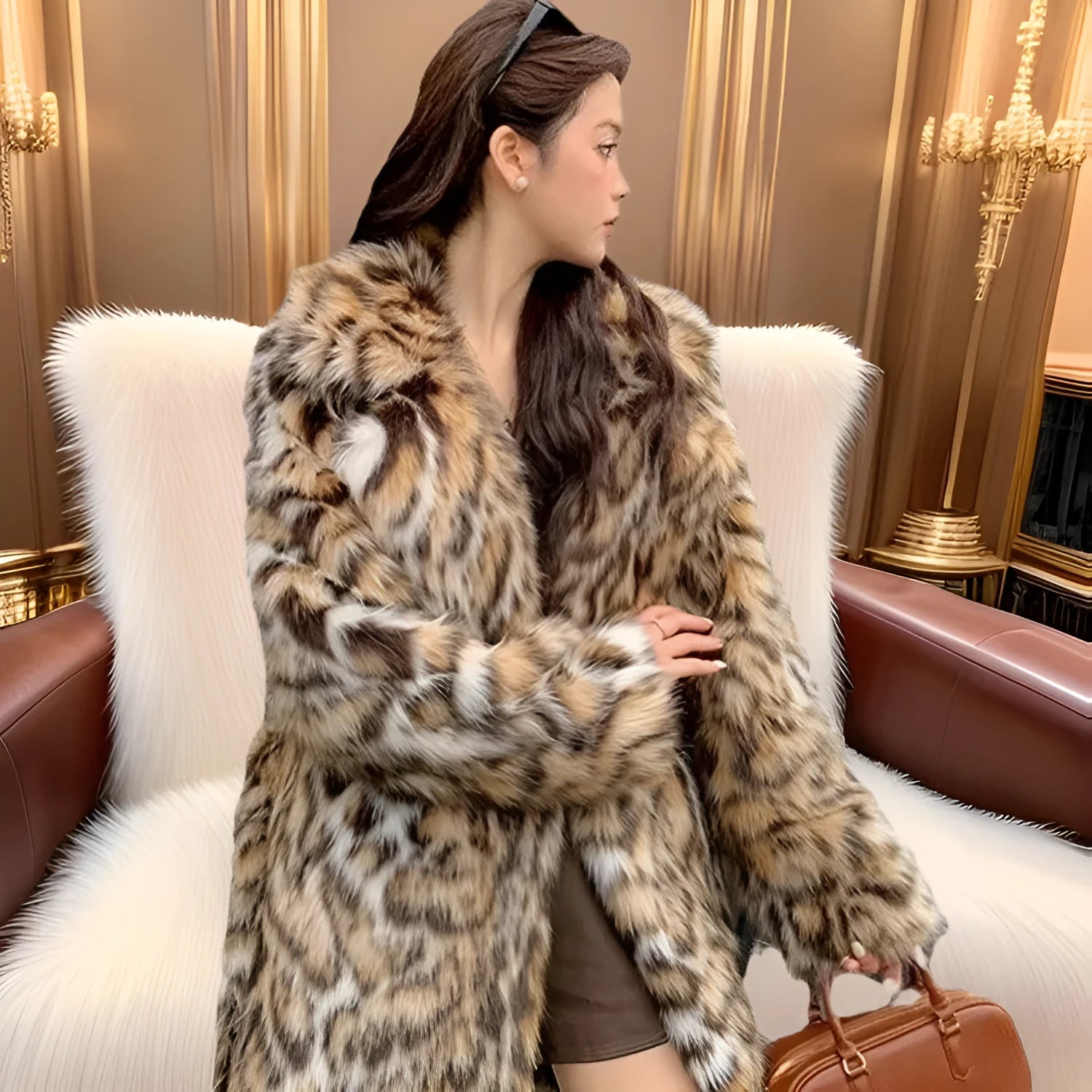 Women's grey faux fur mid-length winter coat with a fur collar and pockets on a model.