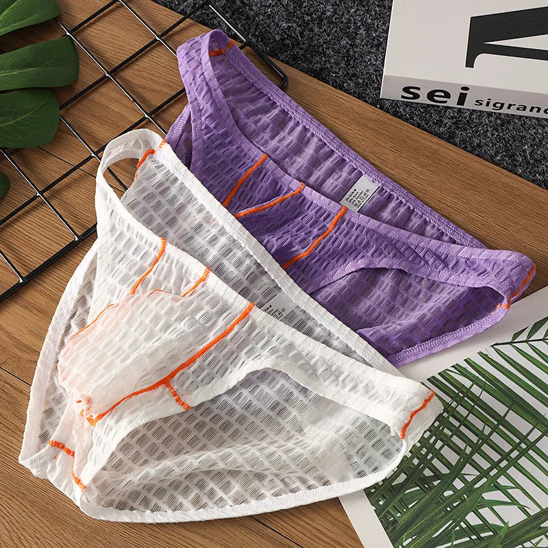 Men's solid colour low waist briefs in lace fabric for sports, shown in multiple colours.