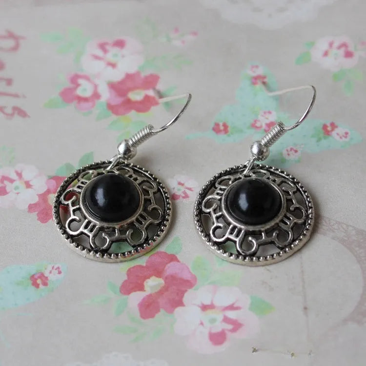 Miao silver geometric flower disk earrings with totem patterns in red, blue or black