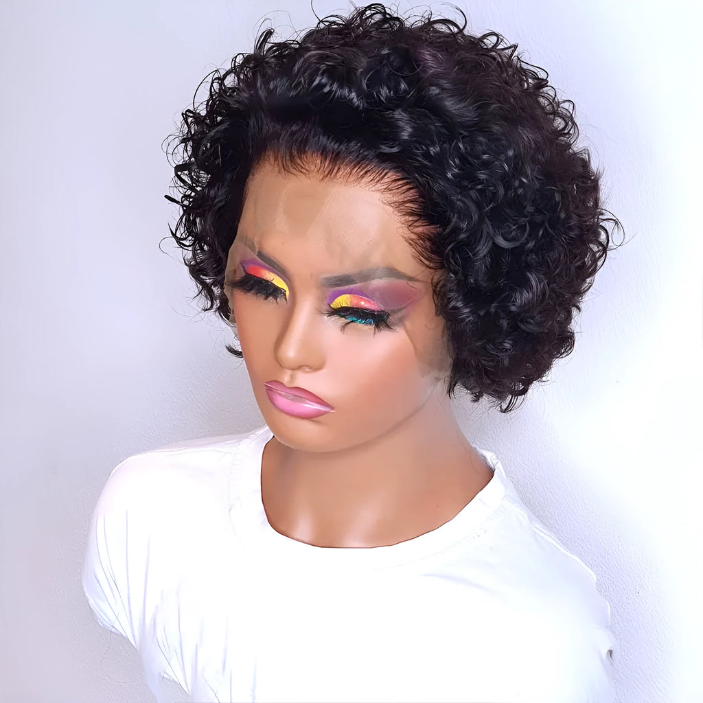Black human hair lace wig cap on a model, showing the natural colour 13x1 and pixie style.