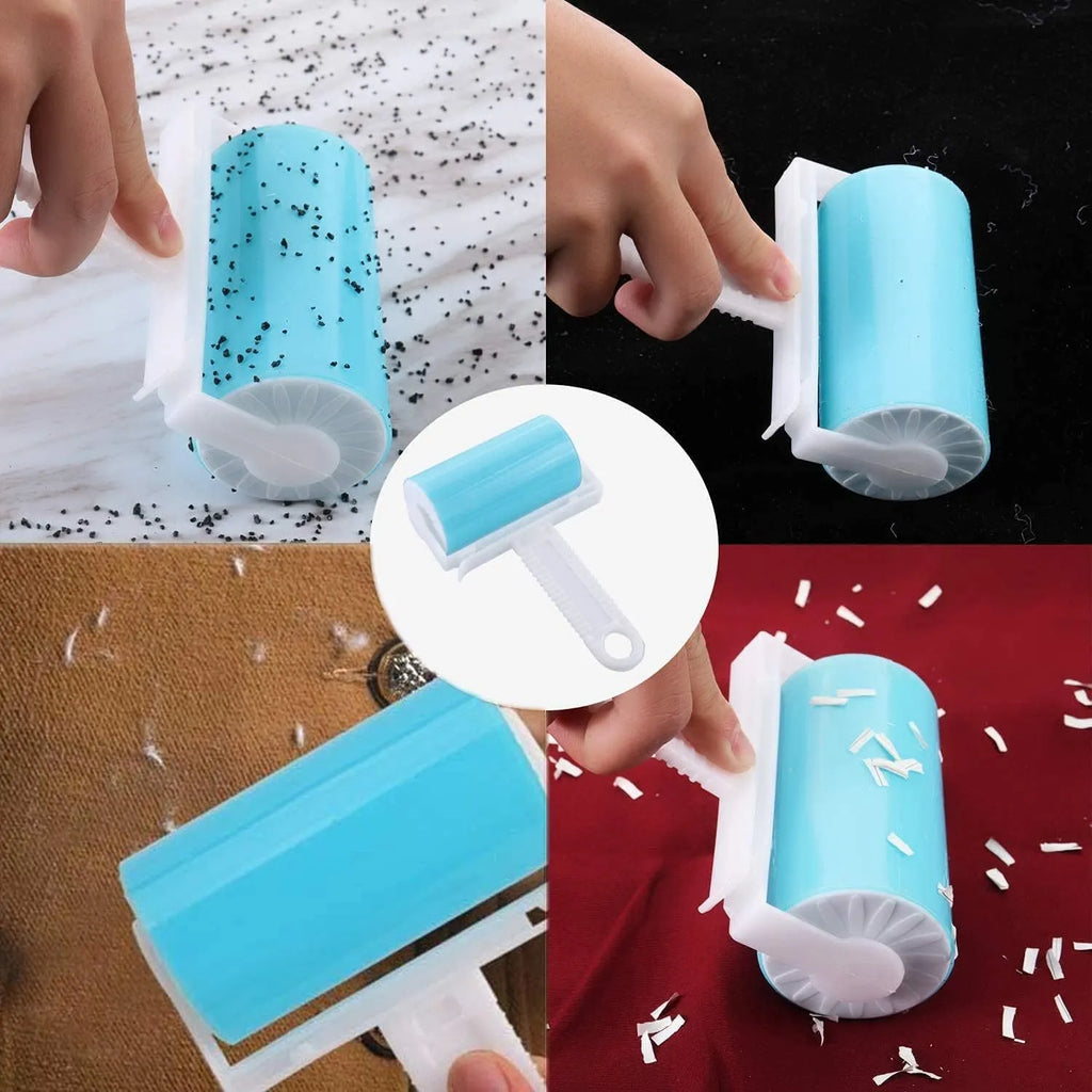 Blue washable reusable lint roller with protective cover for removing pet hair from fabrics