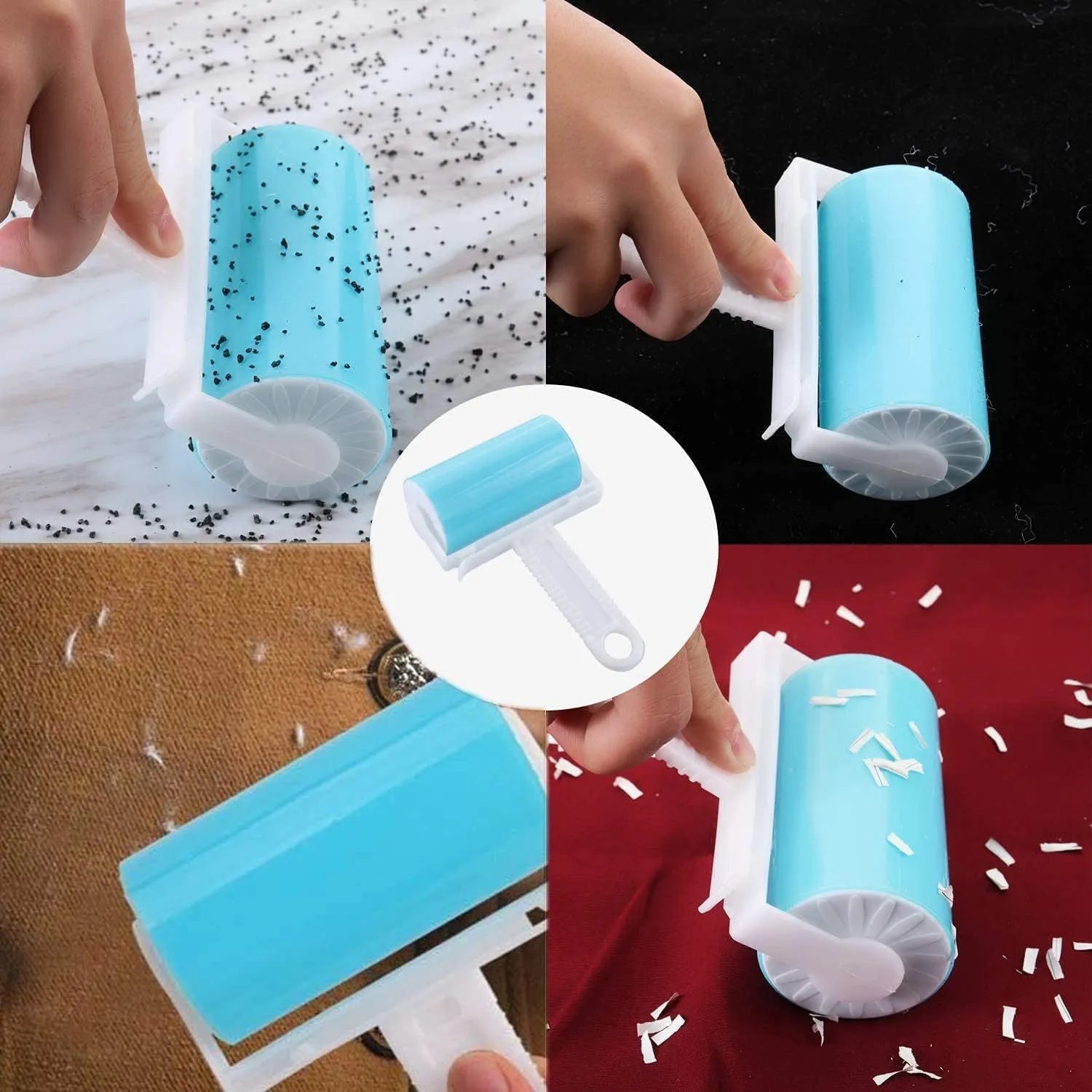 Blue washable reusable lint roller with protective cover for removing pet hair from fabrics
