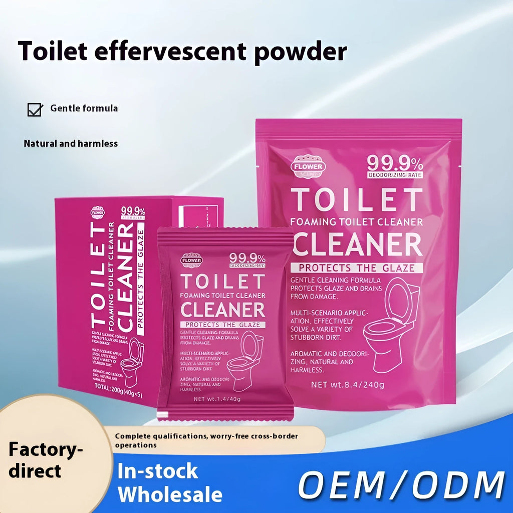 Box and bag options of blue and pink fragranced toilet bubble powder cleaning tablets.