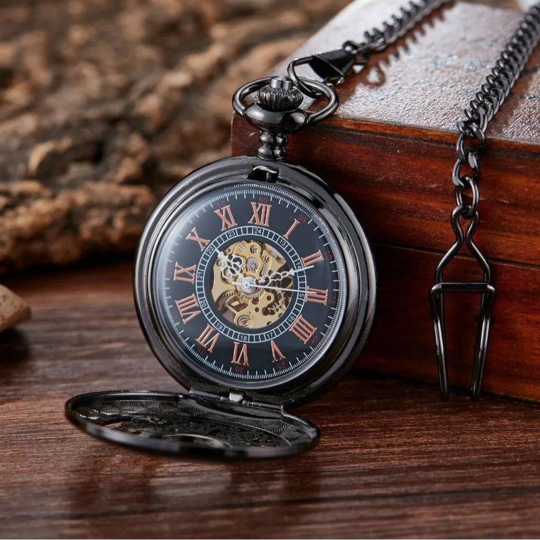 Retro mechanical pocket watch with hollow floral print dial and transparent case back in alloy case