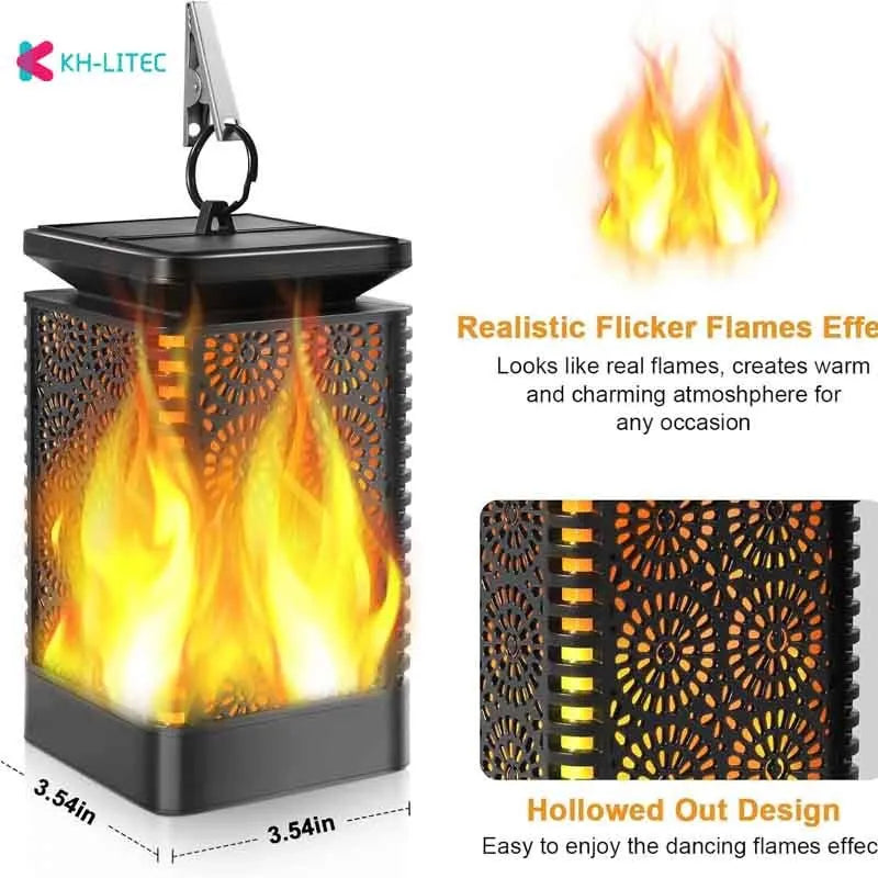 Four black solar-powered hanging torch lights with flickering flame LED effect for garden decoration