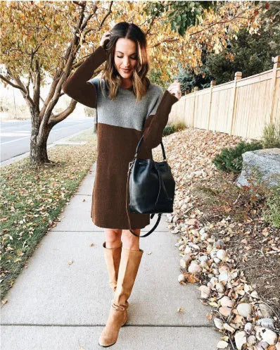Brown women's art retro sweater patchwork skirt dress with long sleeves and princess silhouette