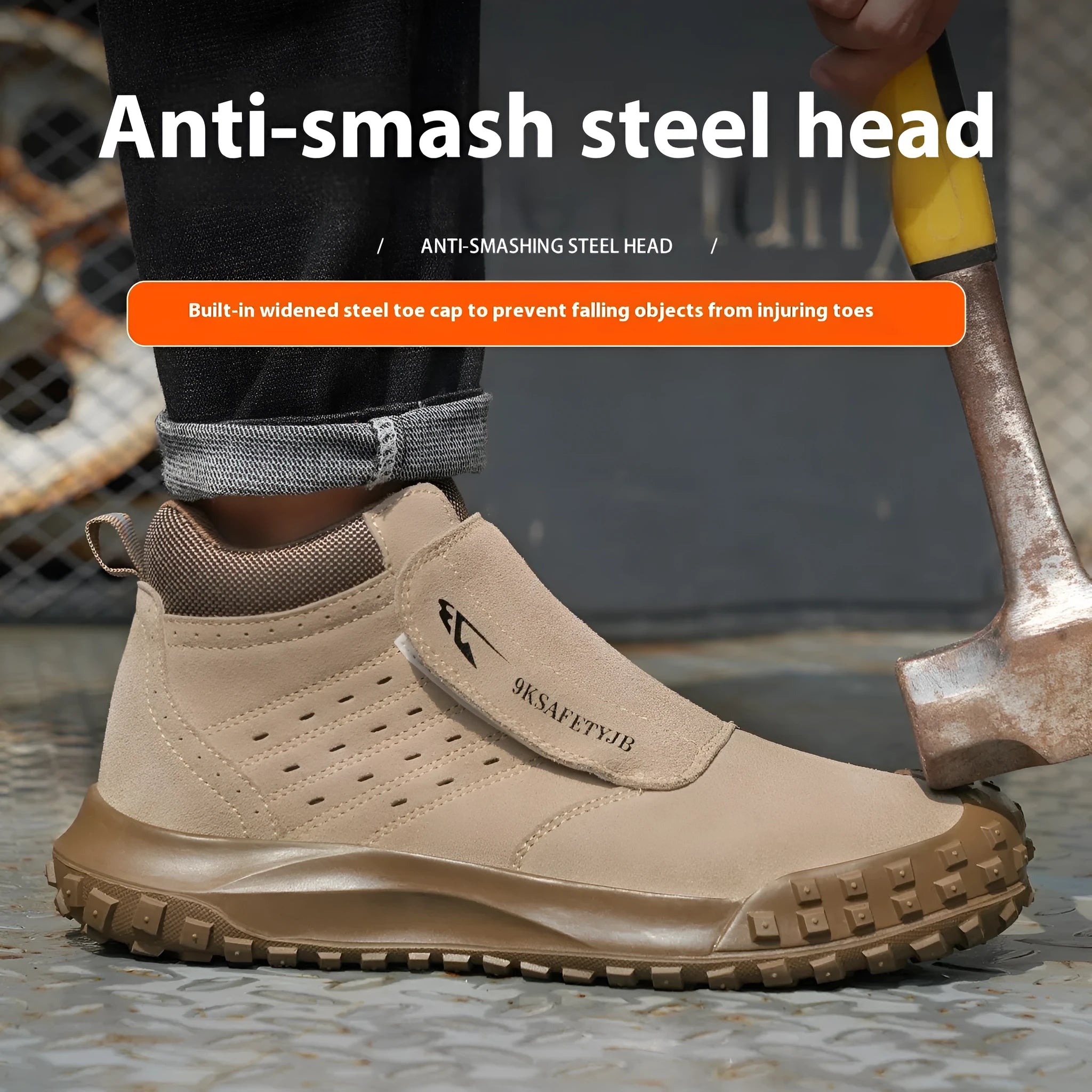 Low-top grey PU leather safety work shoes with lace-up front and steel toe cap on a rubber sole.
