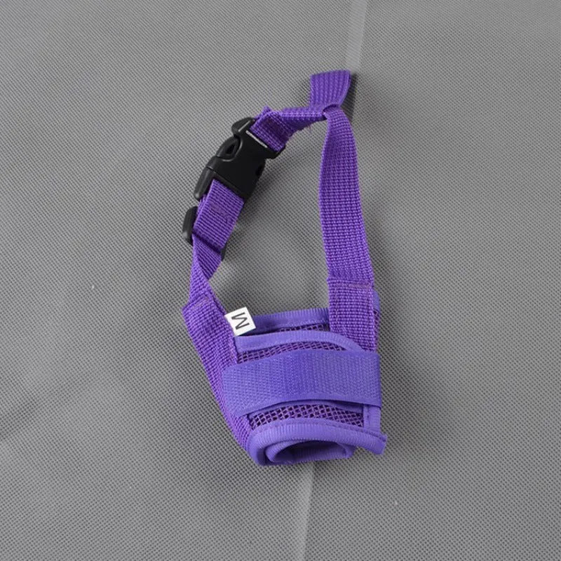 Adjustable plastic dog safety muzzle shown in multiple colours and sizes for biting and barking control.