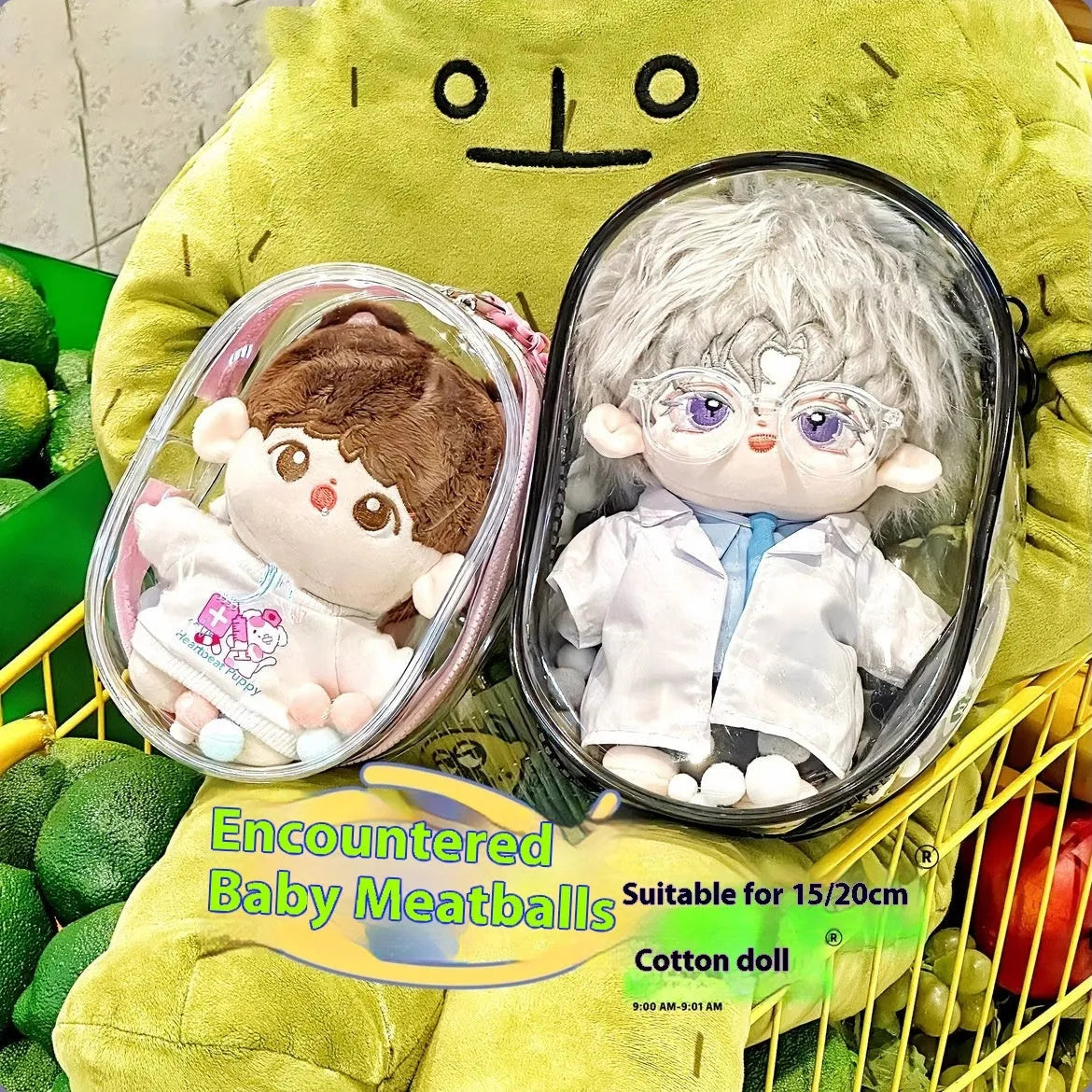 Transparent PVC cartoon backpack storage bag for cotton dolls in cube design