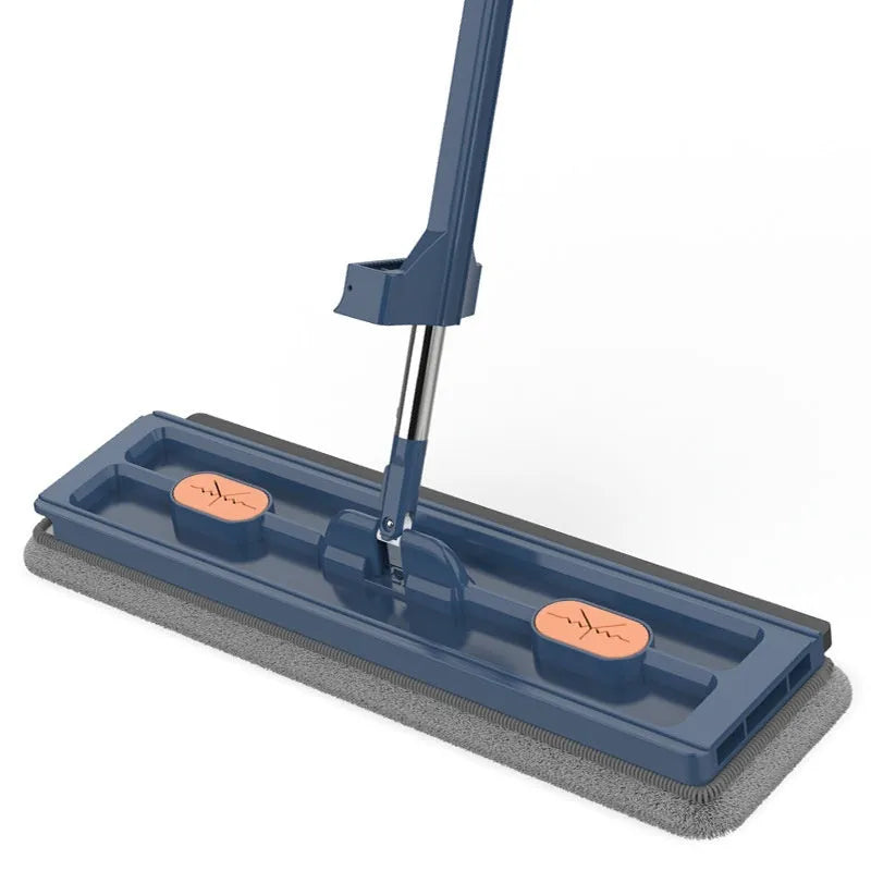 Large flat mop with blue cloth and long stainless steel handle showing 360-degree rotating head.