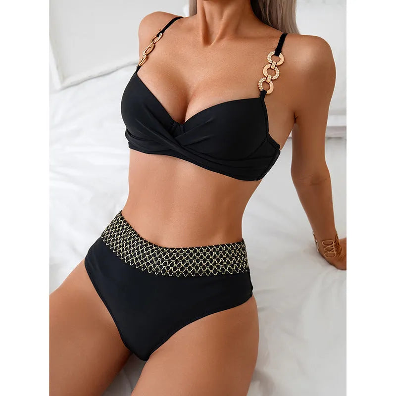 Black European American bikini split swimsuit with sleeveless briefs design