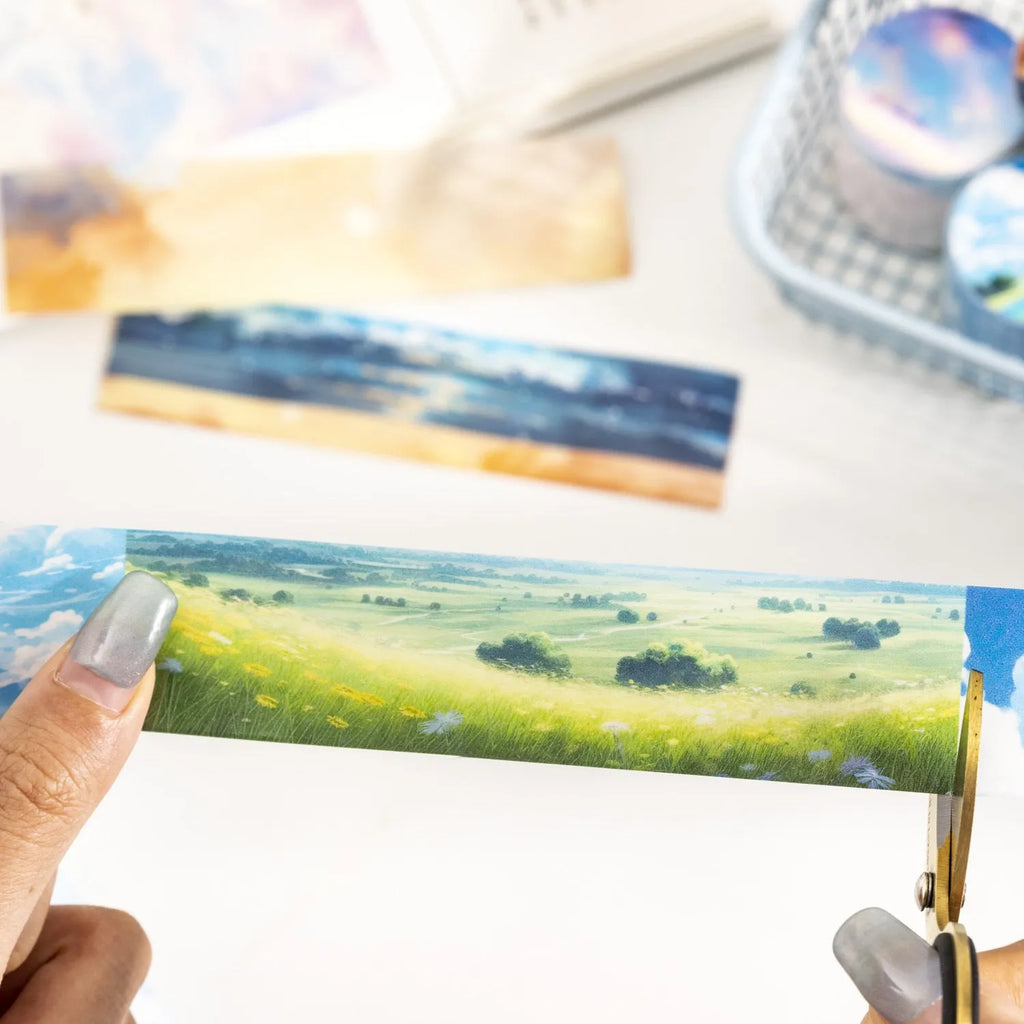 Japanese paper sky theme decorative washi tape roll showing colourful clouds design, 30mm wide