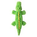 Green crocodile-shaped plush dog toy with no stuffing, squeaker in head and crinkle paper in tail