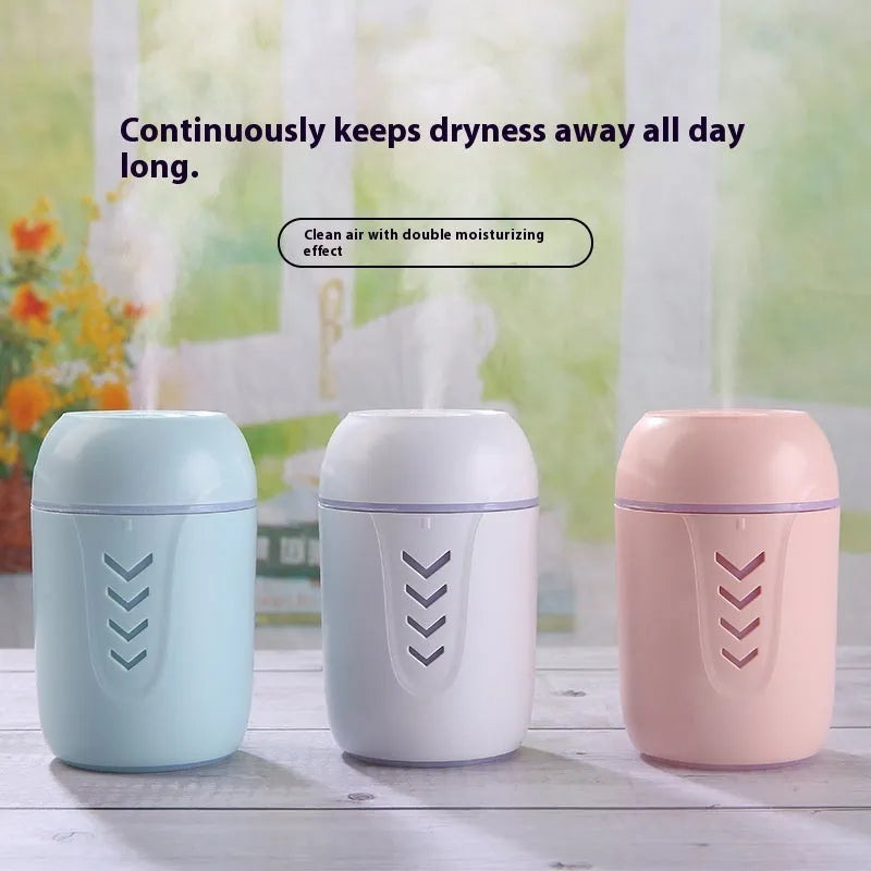 Round portable air purifier in white, pink or blue with USB cable for desktop or vehicle use
