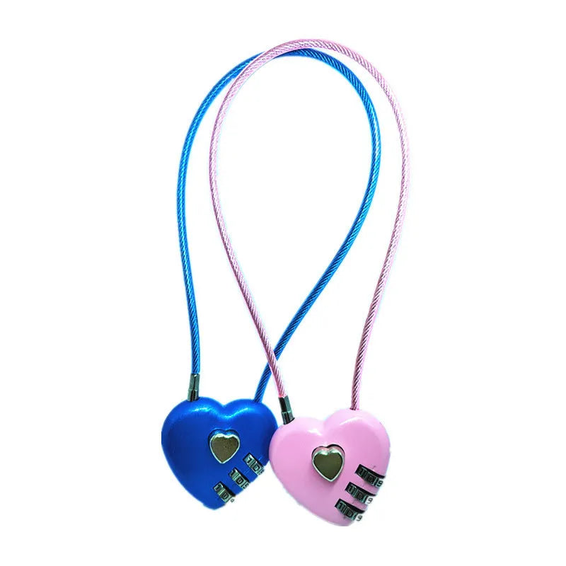 Peach heart-shaped cable lock with a long steel rope, shown in various colours including red, blue, and gold.
