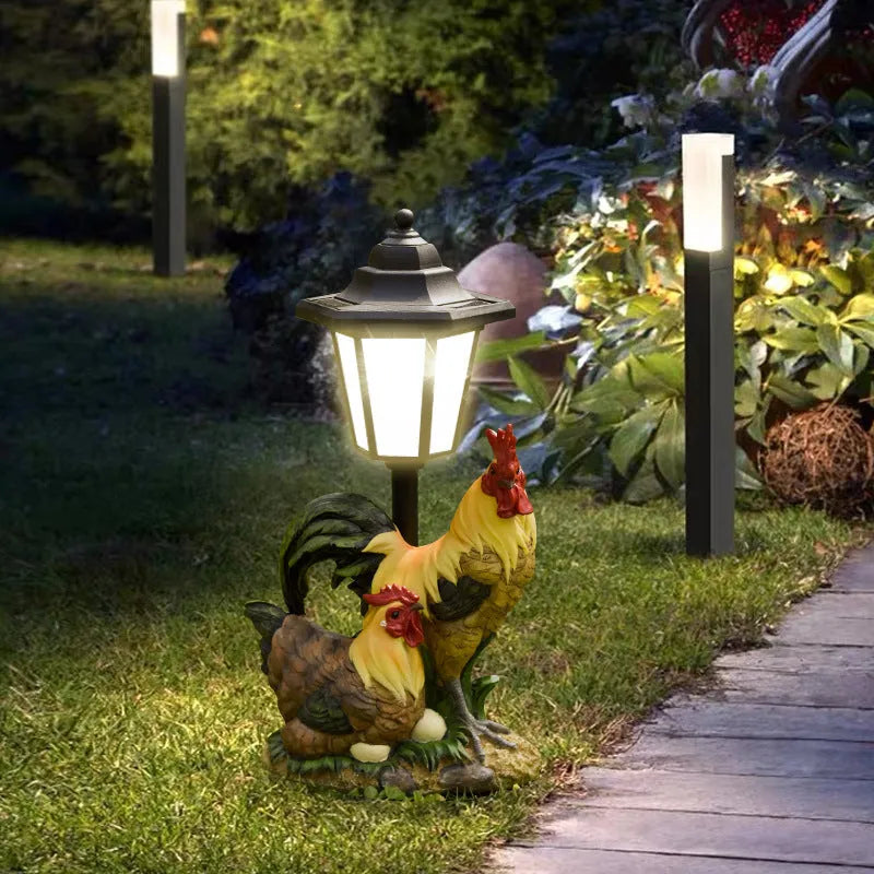 Hexagonal solar garden lamp with synthetic resin construction showing animal figurine design options
