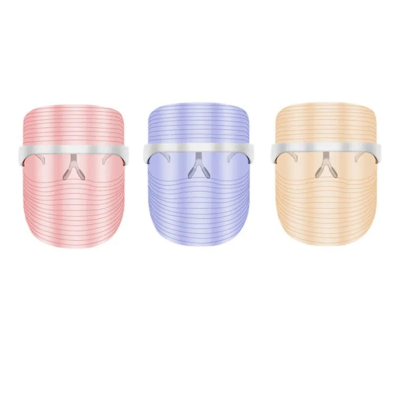 LED three-colour beauty mask in transparent finish for facial photon therapy at home