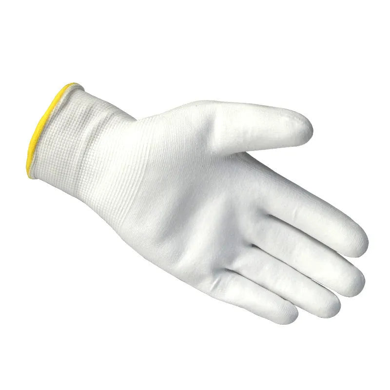 White PU-coated labour work gloves showing flexible coating and wrist coverage