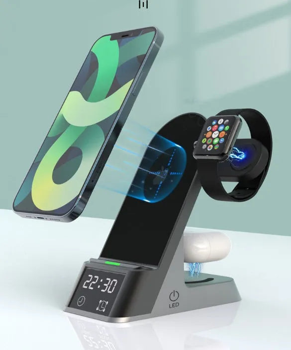 Black six-in-one wireless charger alarm clock with Type-C input charging Apple Watch and phone on desk