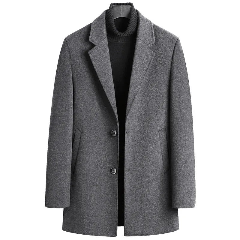 Single-breasted woolen coat for men in gray with straight hem and thickening construction