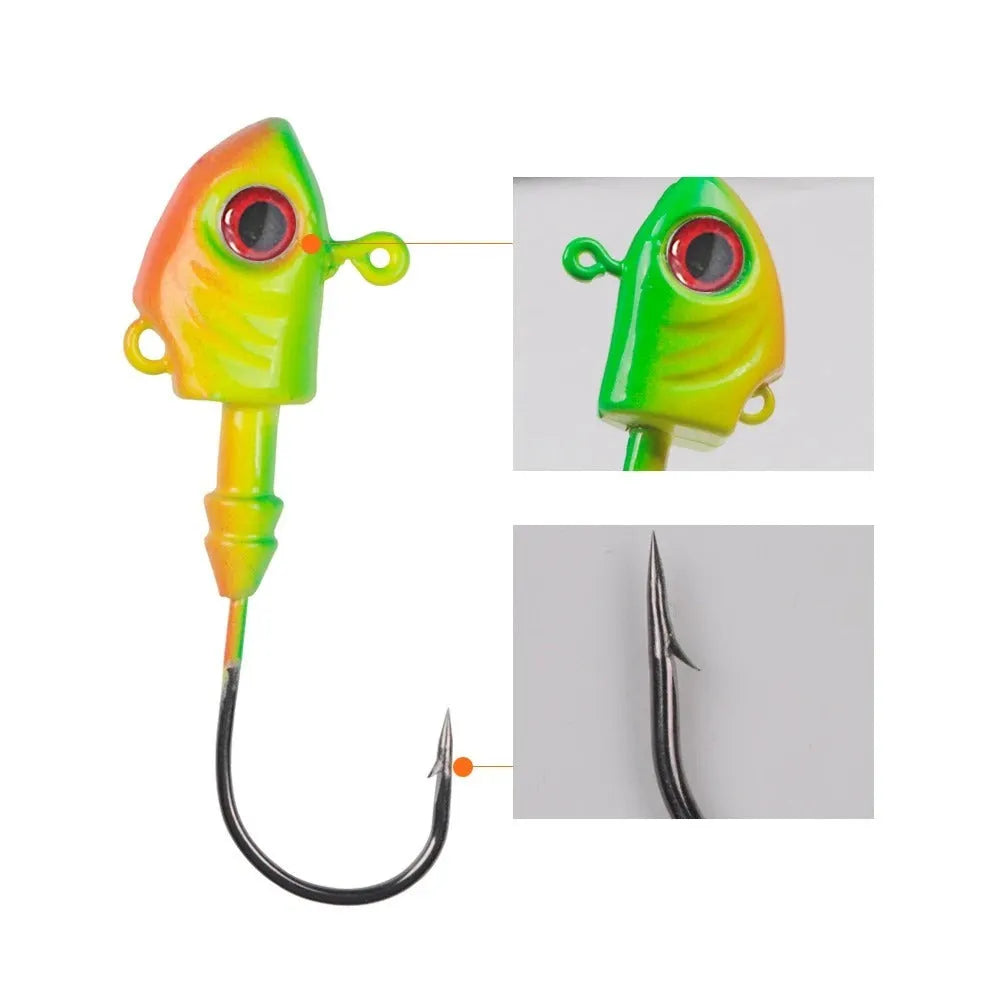 Yayu-shaped lead head fishing hooks in blue, sliver, and yellow, showing various weights from 3.5g to 28g.