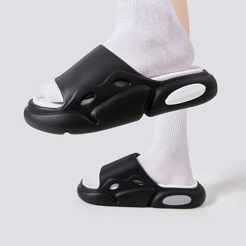 Women's and men's two-colour thick-soled EVA slippers shown in pink purple, white green, and black white colour options.