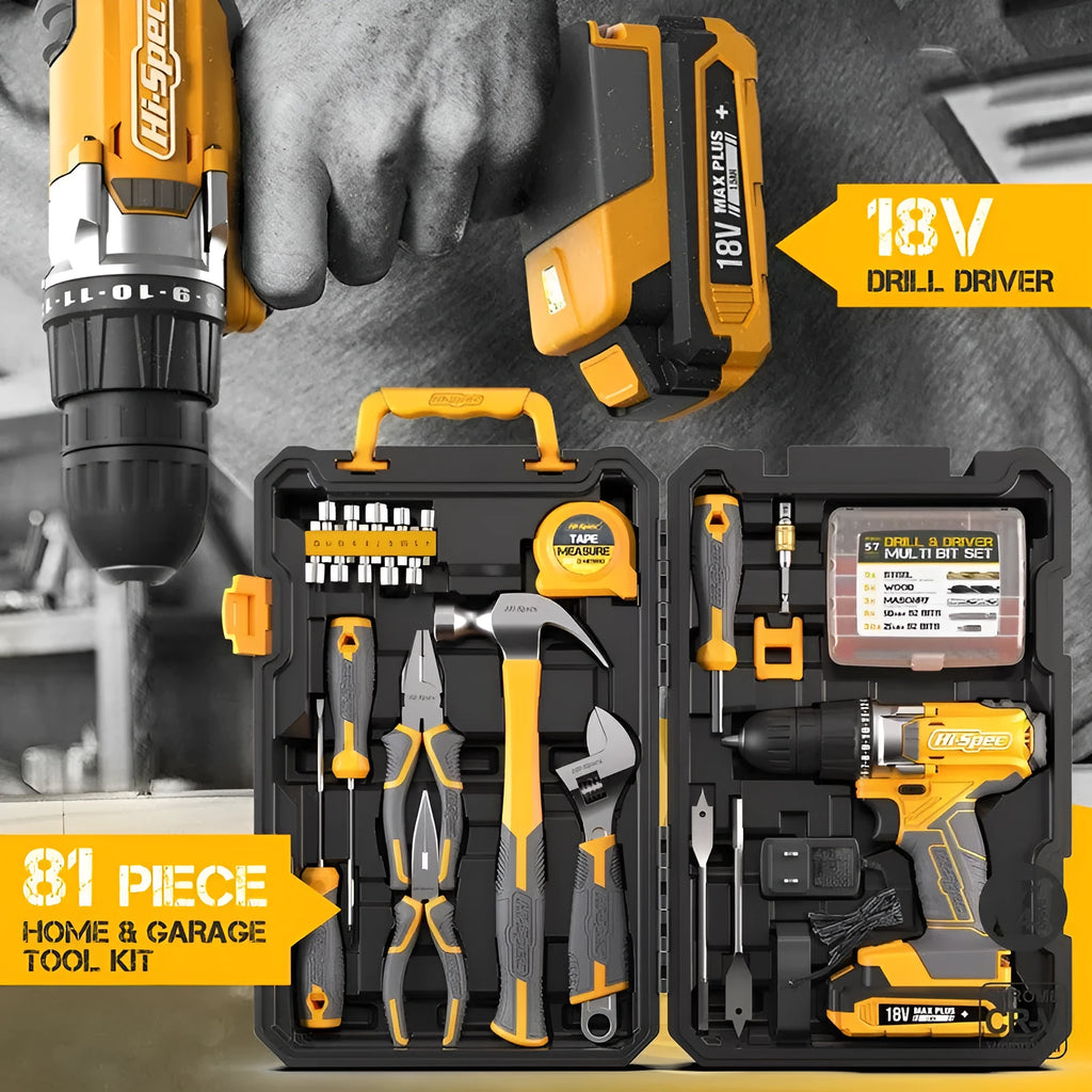 82 piece home repair hardware tool combo set in grey and yellow case with chrome vanadium steel tools
