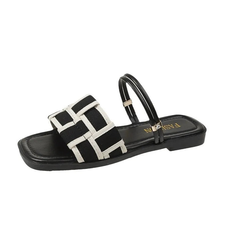 Women's square toe canvas check pattern flat sandals in beige with frosted finish, rubber sole, and leather lining