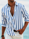 Men's yarn-dyed striped loose fit long-sleeved shirt in British style cardigan cut