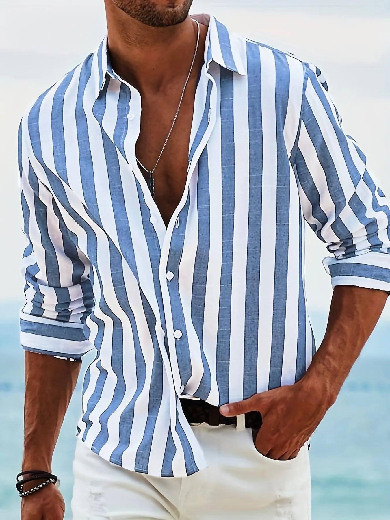 Men's yarn-dyed striped loose fit long-sleeved shirt in British style cardigan cut