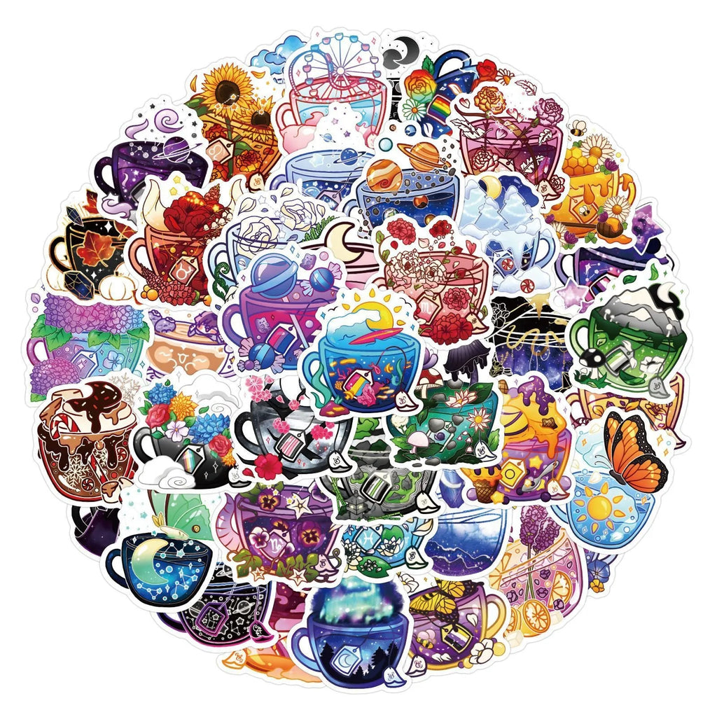 Pack of colourful tea cup graffiti design waterproof stickers for DIY projects on sports equipment.