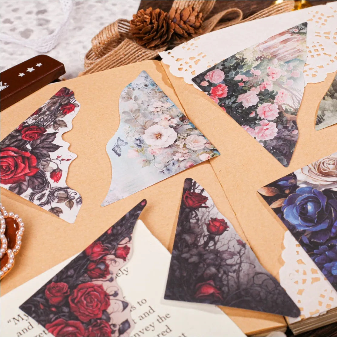 DIY hand account book notes set showing six colour patterns including Spring Vine, Pink Plum and Red Rose designs
