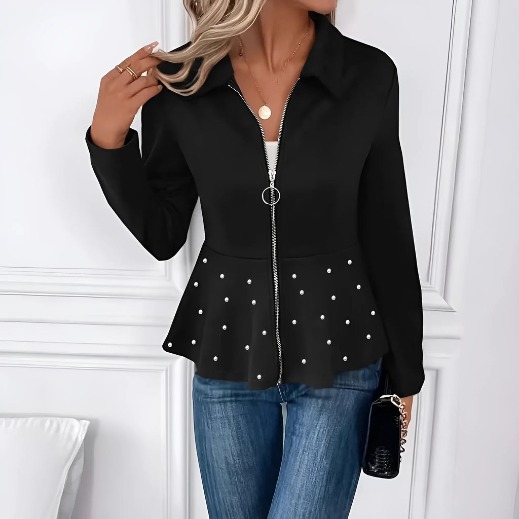 Women's black spandex coat with beaded heavy-duty zipper and ruffled hem detail