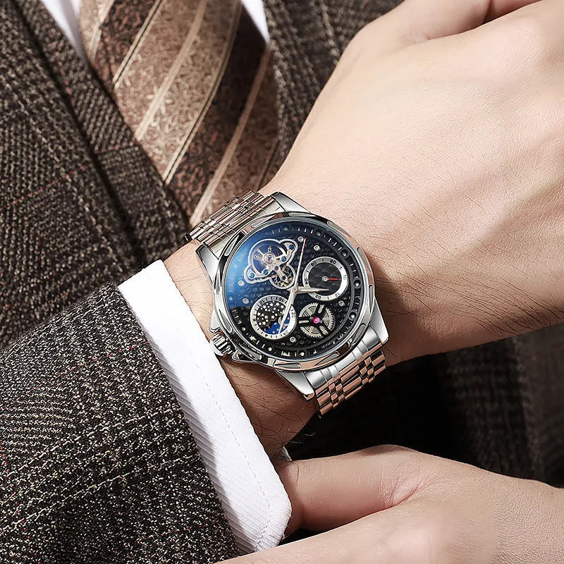 Men's automatic wristwatch with steel case, leather strap, black dial and luminous hands.