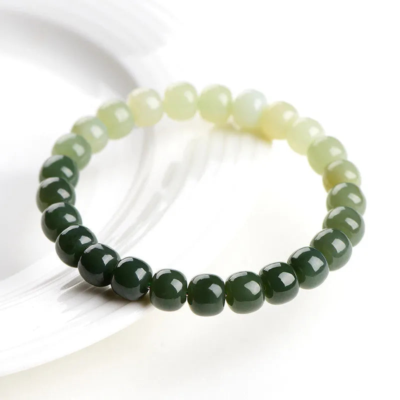 Natural Hetian jade bracelet with water gradient colour and polished beads