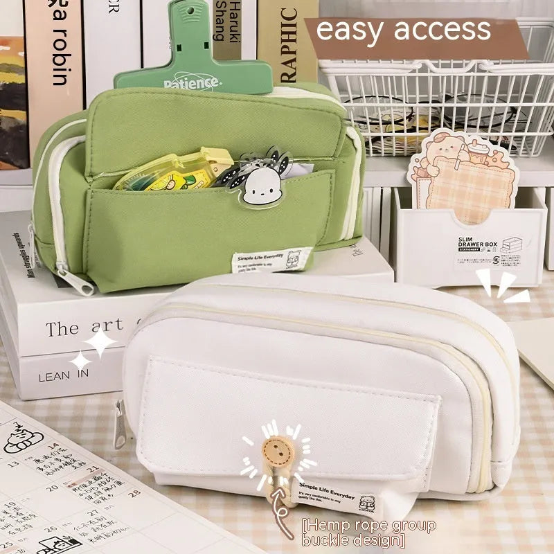 Korean-style canvas pencil case in green, beige, blue, and grey colours storing approximately 80 pens