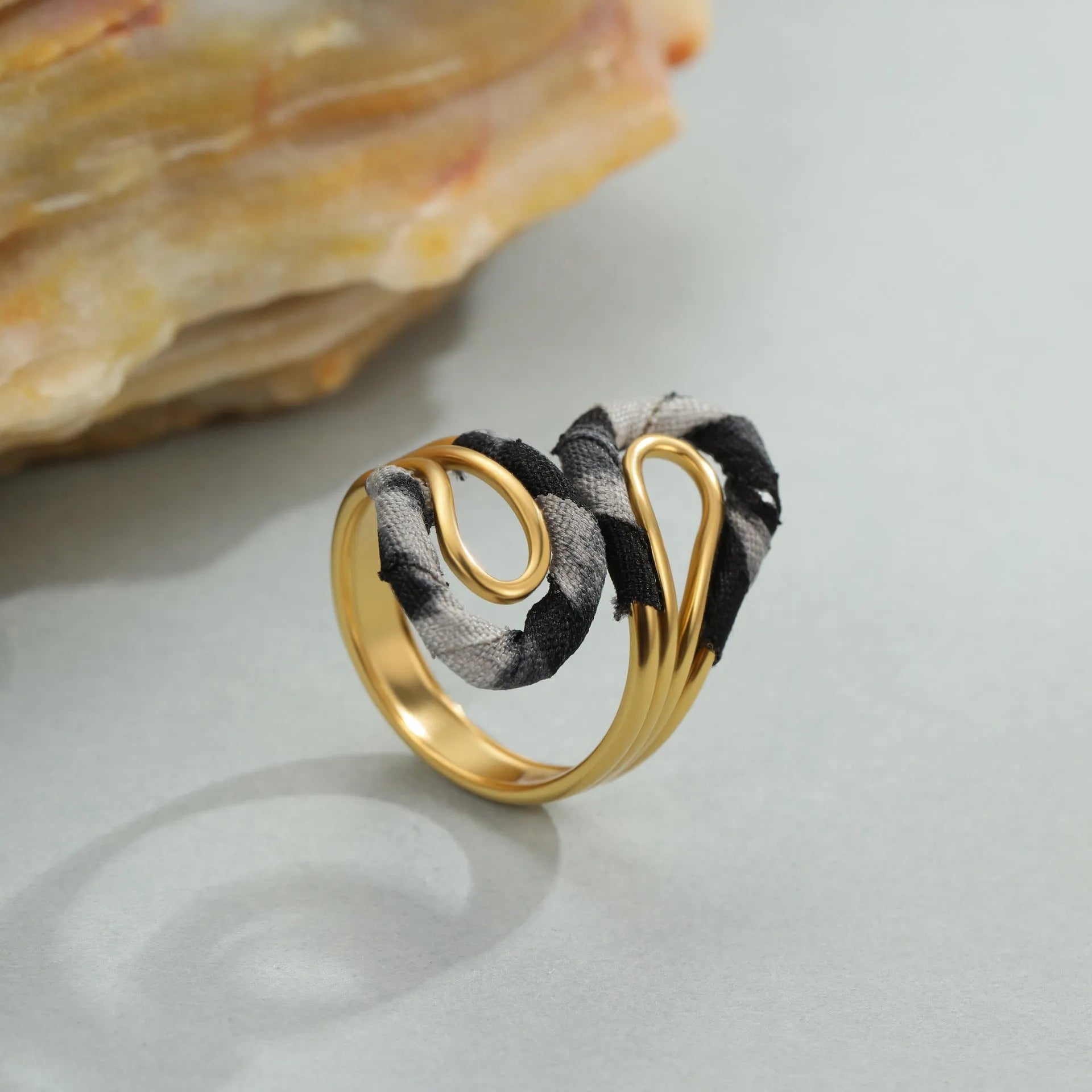 Open mouth stainless steel ring with leopard print geometric patterns in heart and star shapes