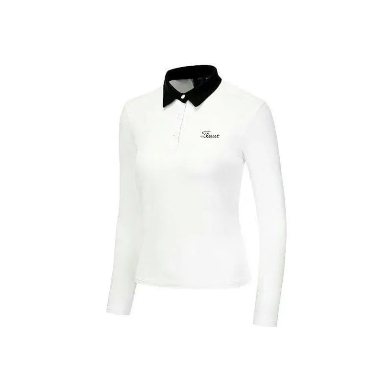 Women's white long sleeve golf top in slim-fit polyester sportswear