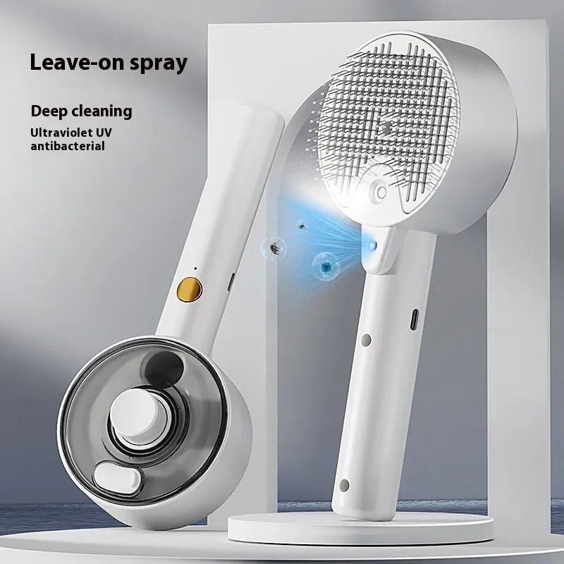 Ceramic white pet grooming brush with spray nozzle, UVC blue light, and fine needles for dogs and cats.