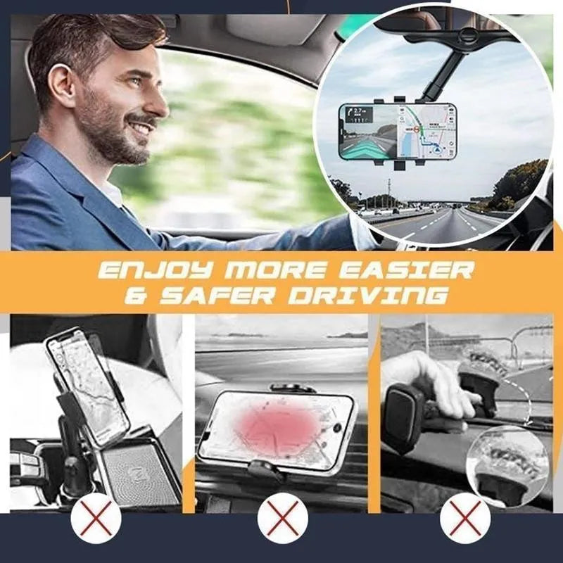 Black rearview mirror phone holder with 360 rotatable clamp and telescopic arm attached to car mirror