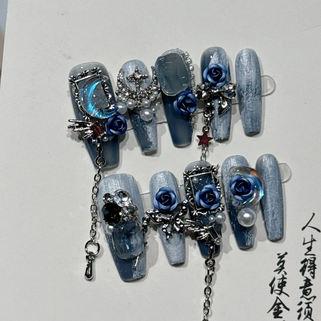 Evening manicure nails with blue rose and tulip patterns in sizes XS to L